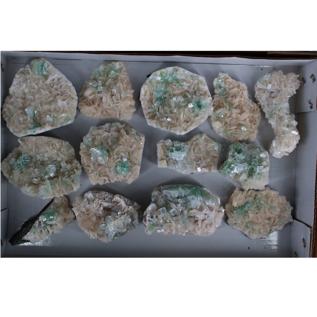 Natural Green Apophyllite with Stilbite &amp; Heulandite Crystal Lot – 13 PCS – Mineral Specimens from India