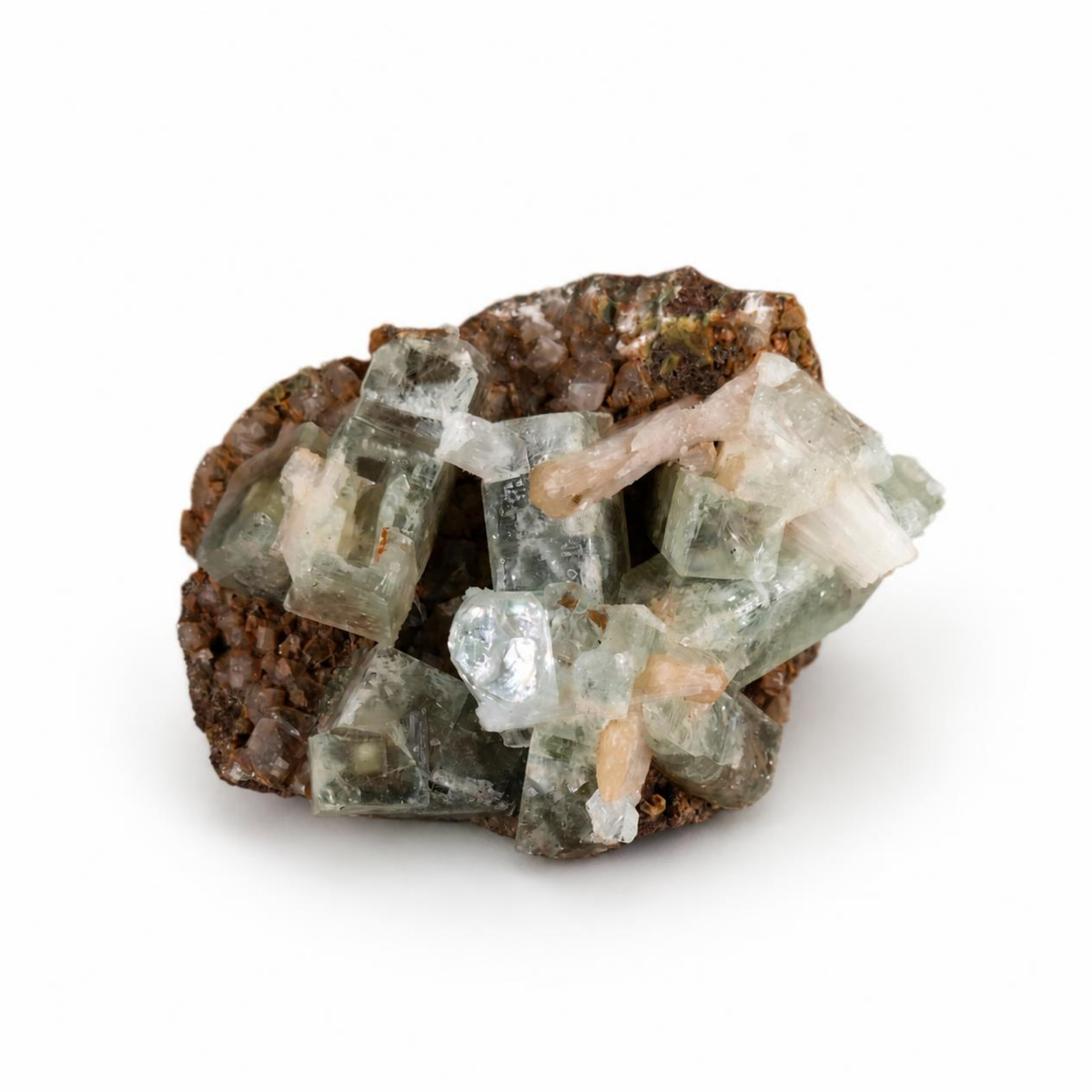 Green Apophyllite Crystal Cluster with Peach Stilbite on Matrix 8×6×4 cm | 120g