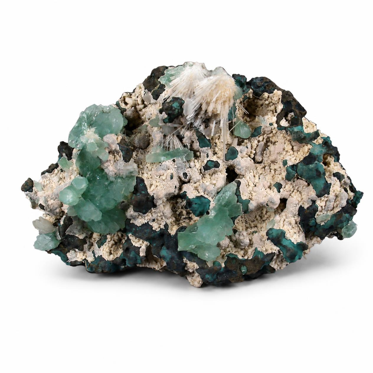 Green Tabular Acicular Apophyllite on Rocky Matrix · 600 g · 16 × 11 × 6 cm