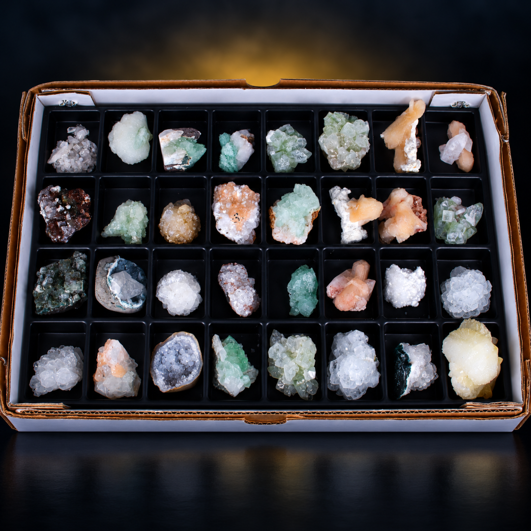 Mixed Natural Apophyllite, Stilbite, Calcite &amp; Quartz Crystal Lot – 32 Pieces