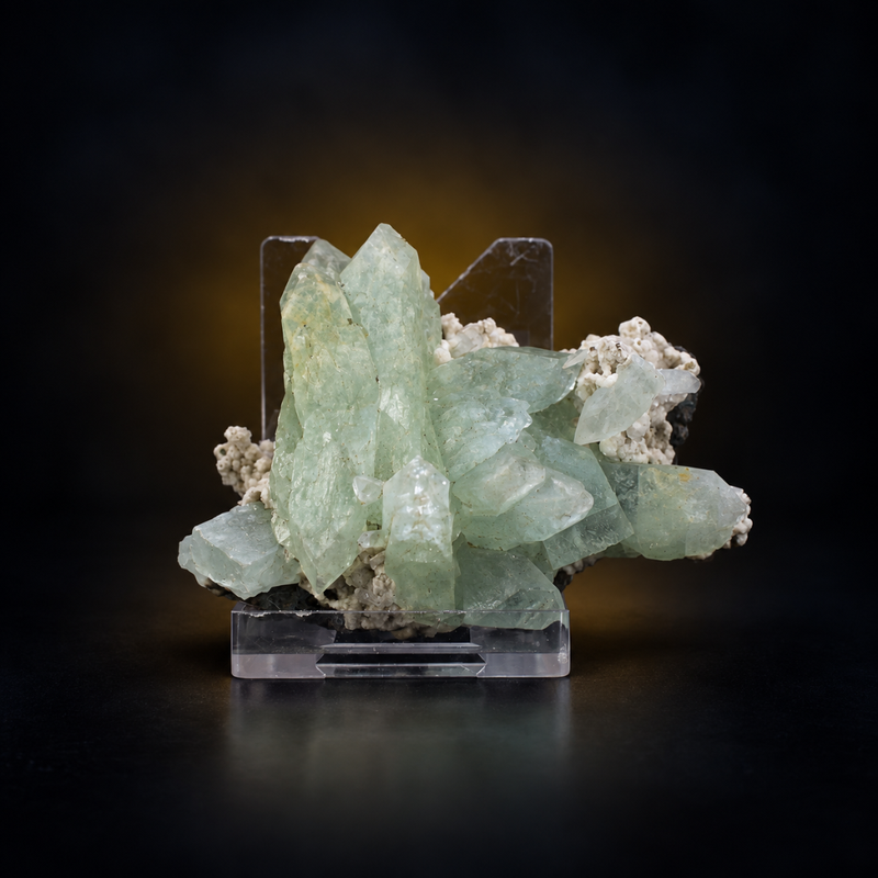 Green Apophyllite Prismatic Crystal Group with Stilbite | 70 g | 7 × 5 × 4 cm