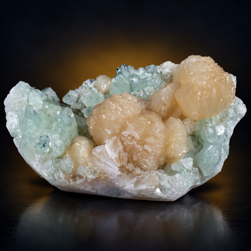 Green Apophyllite Tabular Crystal Group with Heulandite — India | 570 g | 17 × 10 × 6 cm
