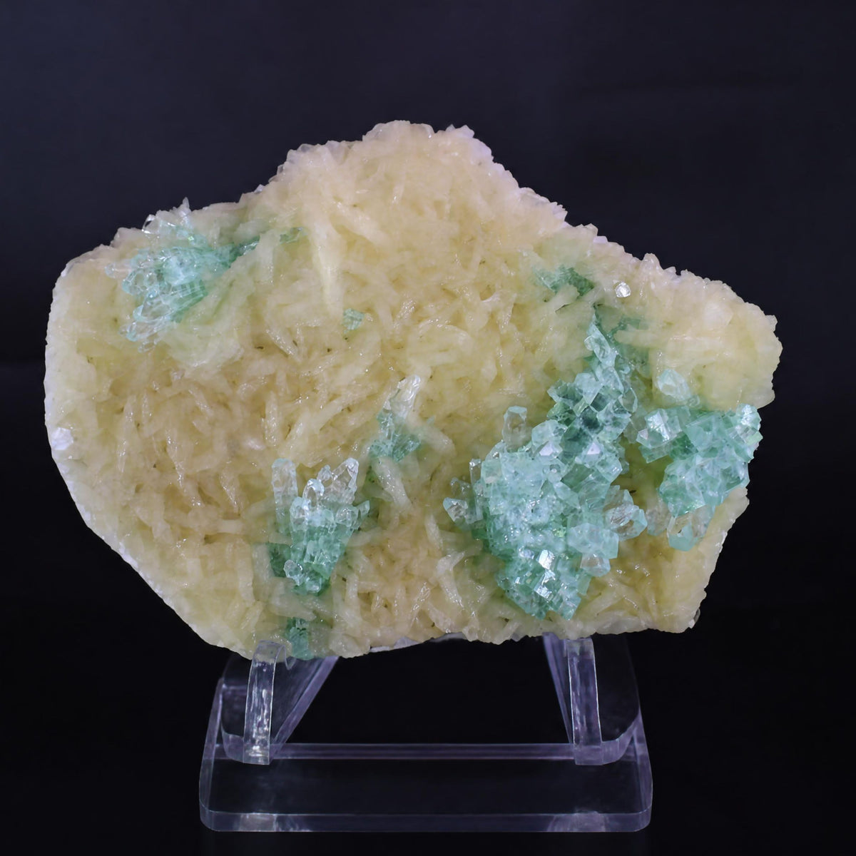 Natural Green Apophyllite with Stilbite Crystal Matrix Mineral Specimen from India 290 gm 13 × 9 × 3 cm