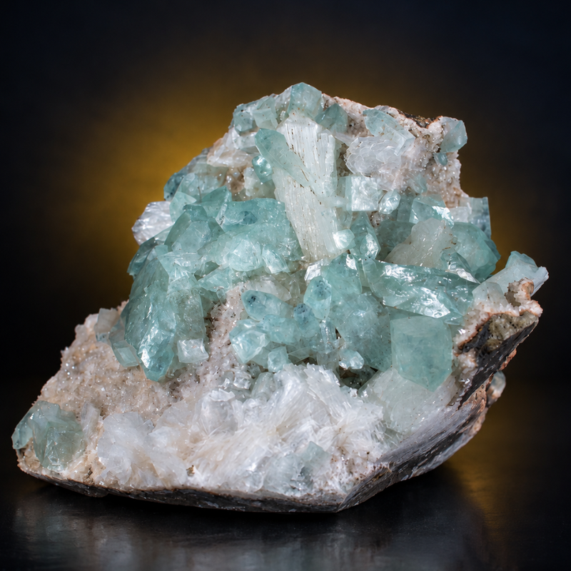 Green Apophyllite Tabular Crystal Group with Heulandite on Matrix — India | 650 g | 11 × 11 × 5 cm