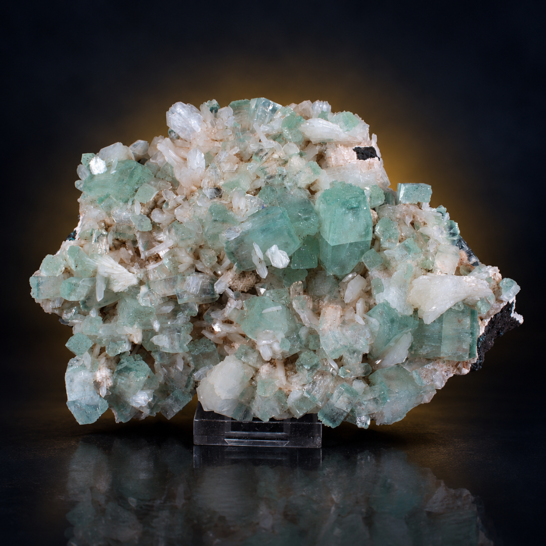 Natural Green Apophyllite with Heulandite Crystal Specimen – India