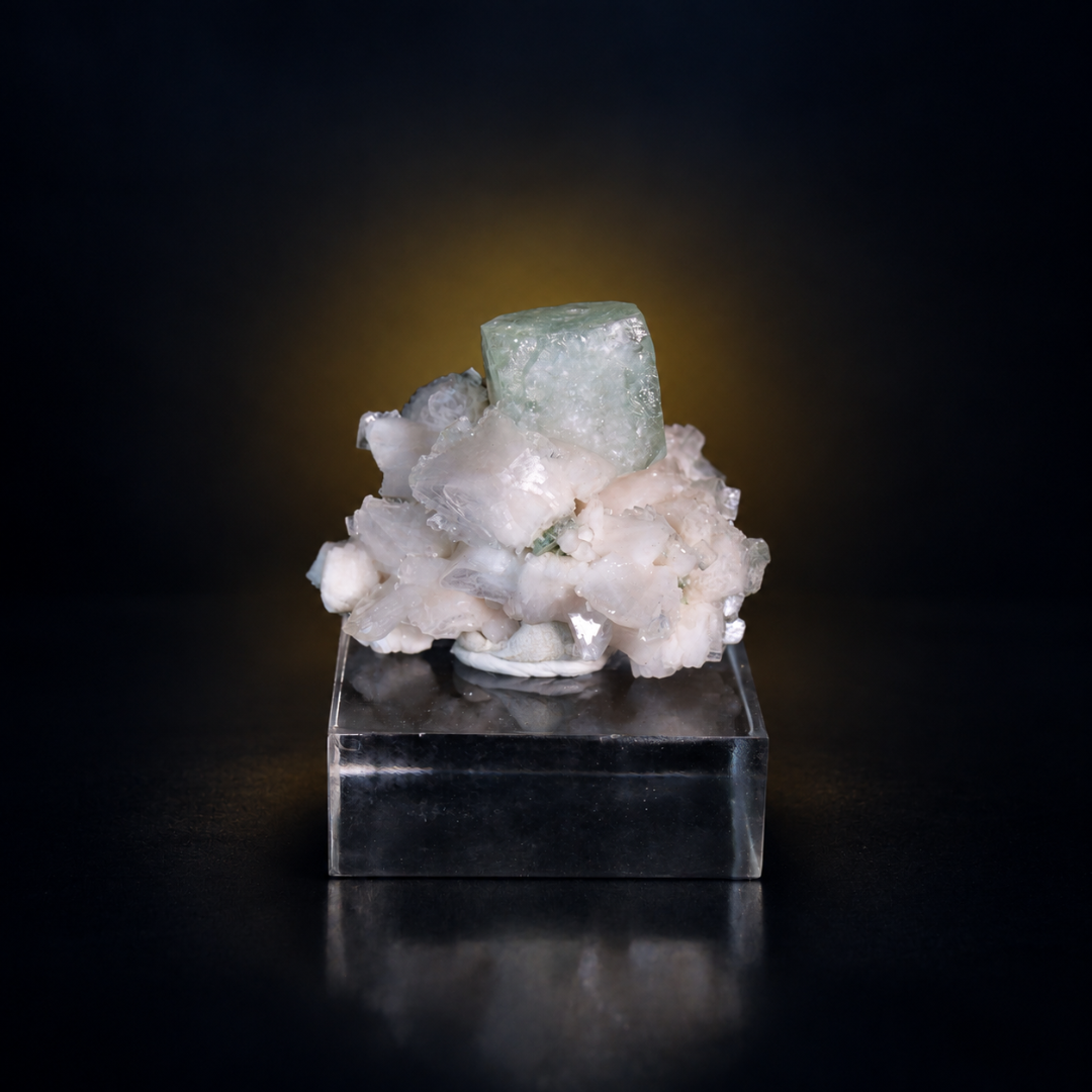 Natural Green Apophyllite Cube with Heulandite Crystal Matrix – Mineral Specimen from India