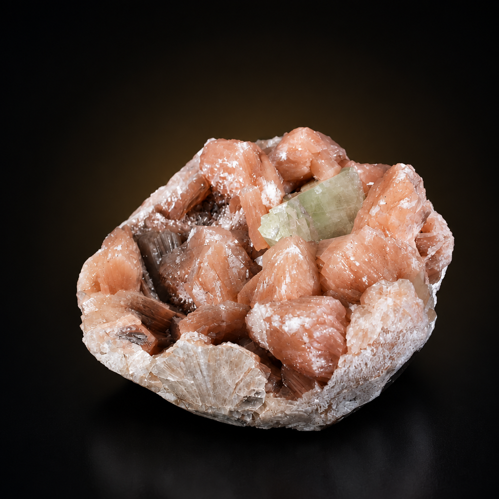 Peach Stilbite Radiating Crystal Aggregate with Green Apophyllite on Matrix — India | 830 g | 14 × 12 × 7 cm