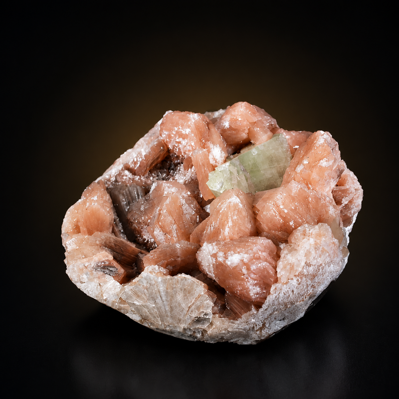 Peach Stilbite Radiating Crystal Aggregate with Green Apophyllite on Matrix — India | 830 g | 14 × 12 × 7 cm