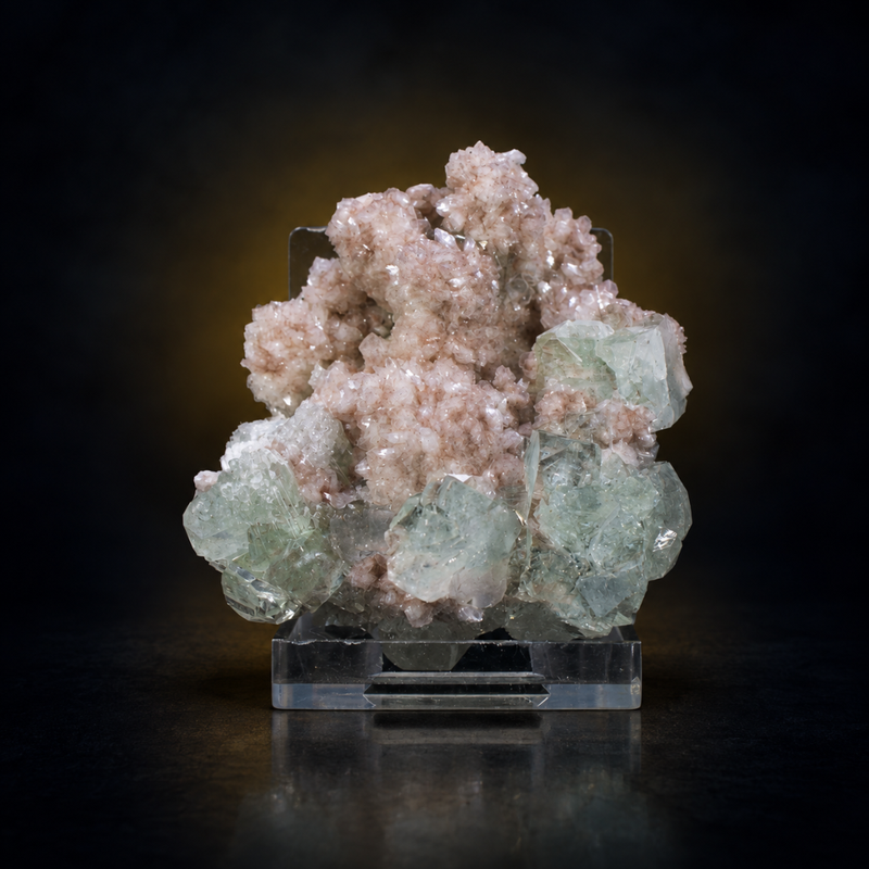 Pink Stilbite Radiating Crystal Aggregate with Green Apophyllite | 80 g | 6 × 5 × 4 cm