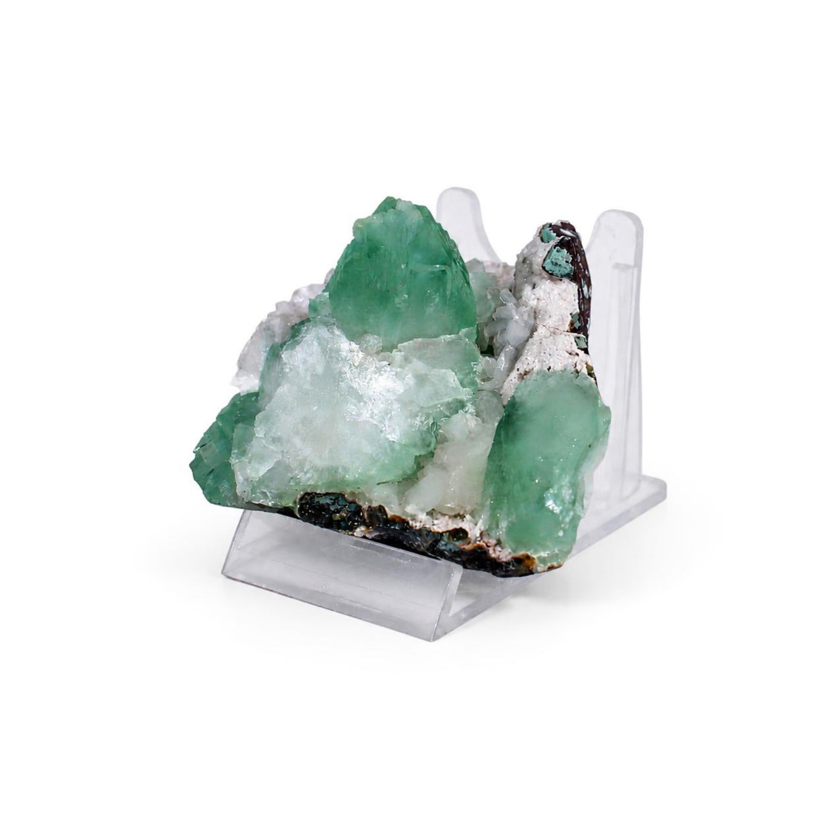 Green Double-Terminated Tabular Apophyllite on White and Dark Brown Matrix · 150 g · 7 × 6 × 5 cm · Pune, Maharashtra, India