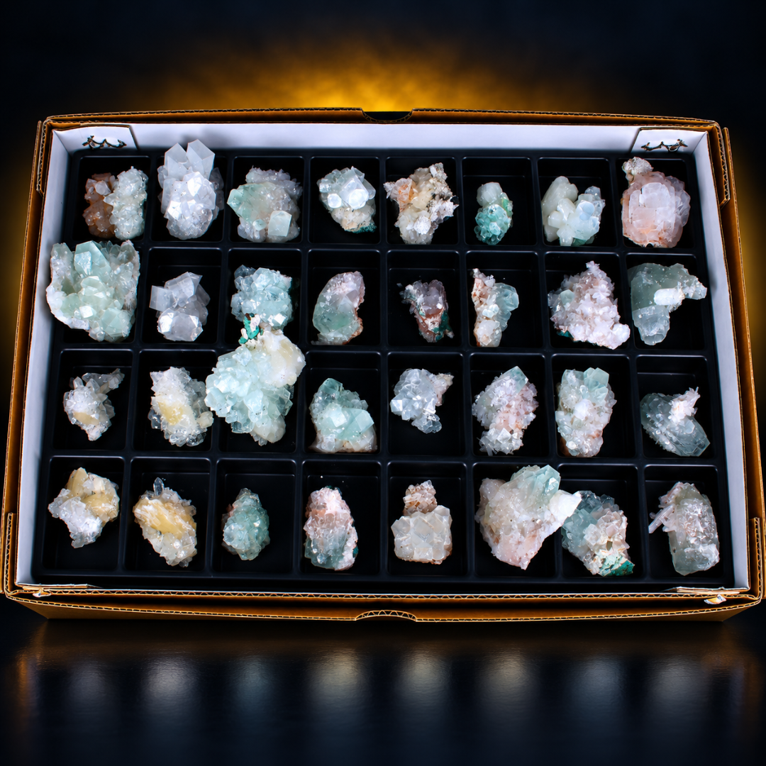 Natural Mixed Apophyllite &amp; Stilbite Crystal Specimen Lot – 32 Pieces