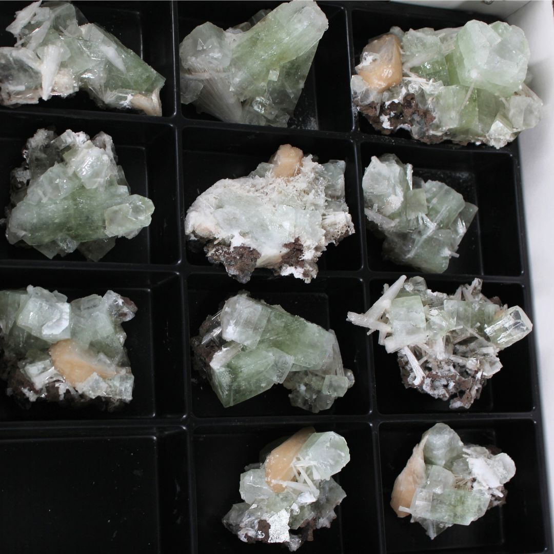 Natural Green Apophyllite, Stilbite with Heulandite Crystal Lot – 11 Pieces from India