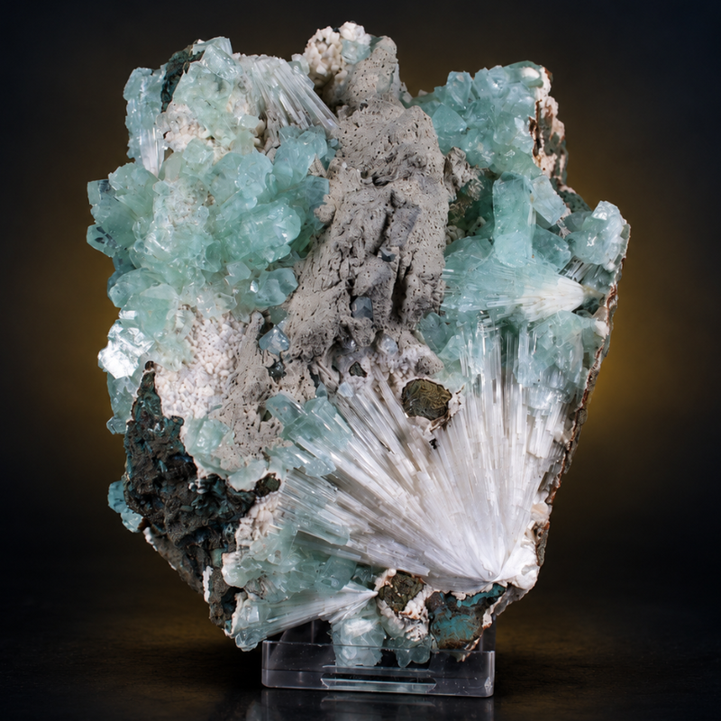 Green Apophyllite Tabular Crystal Group with Scolecite — India | 580 g | 11 × 12 × 6 cm