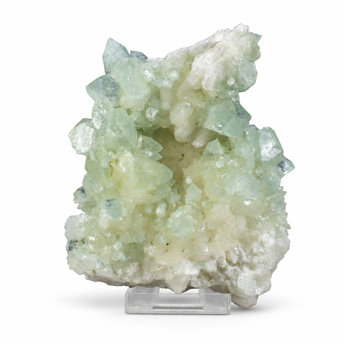 green Apophyllite crystals growing with white Stilbite and Heulandite