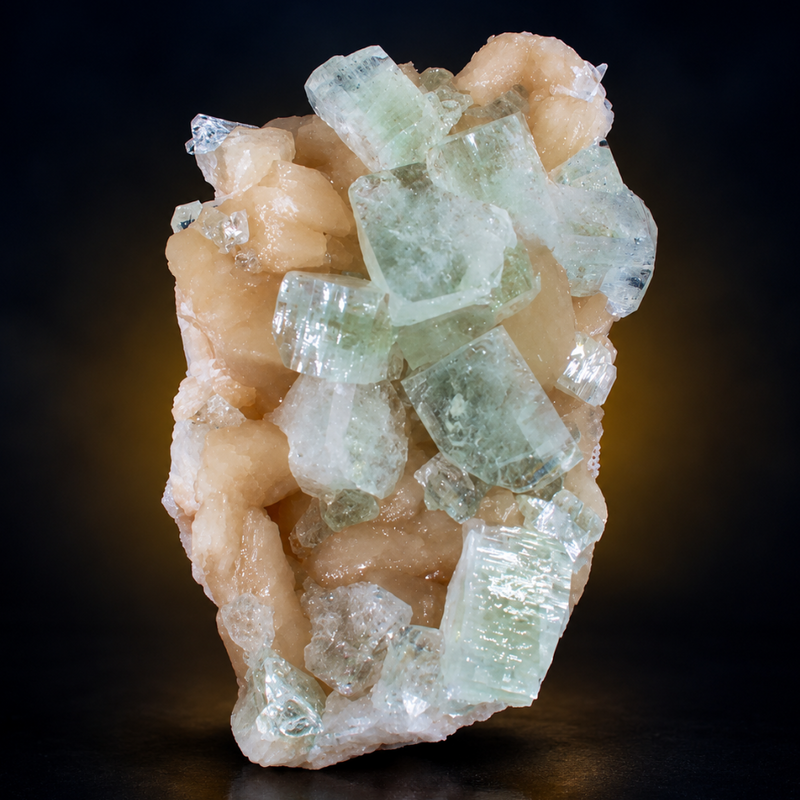 Green Apophyllite Tabular Crystal Group with Heulandite — India | 250 g | 11 × 6 × 4 cm