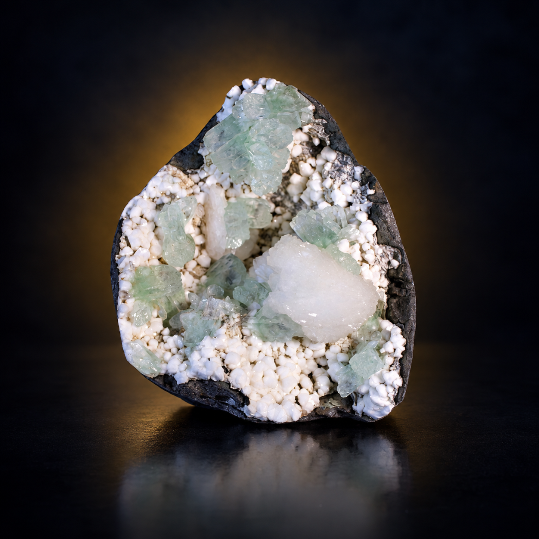 Natural Green Apophyllite with Mordenite Heulandite Crystal Specimen – India