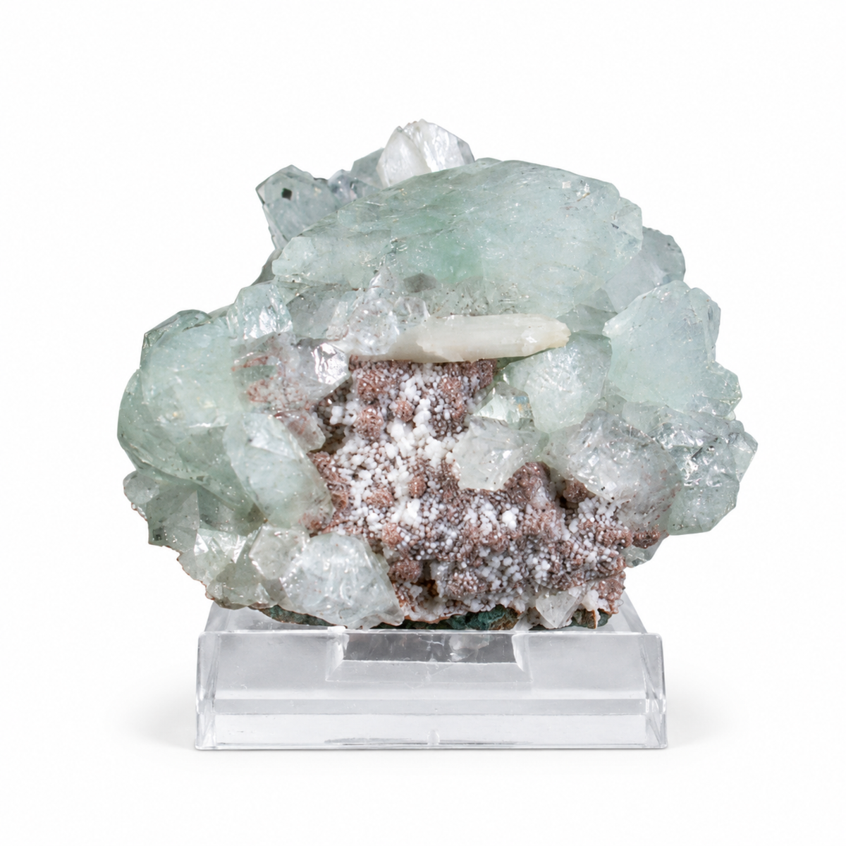 Natural Green Apophyllite Crystal Cluster on Peach-White Stilbite Matrix – 130 g