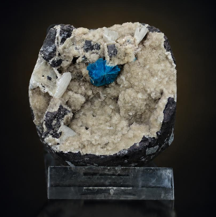 Blue Cavansite Crystal Cluster on Cream Crystalline Matrix — India | 120 g | 5 × 5 × 3 cm