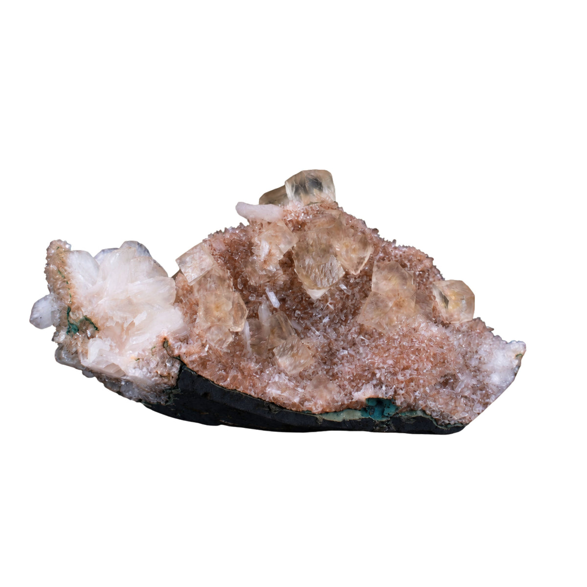 Calcite with Stilbite on Dark Gray Rock Matrix · 260 g · 12 × 7 × 6 cm