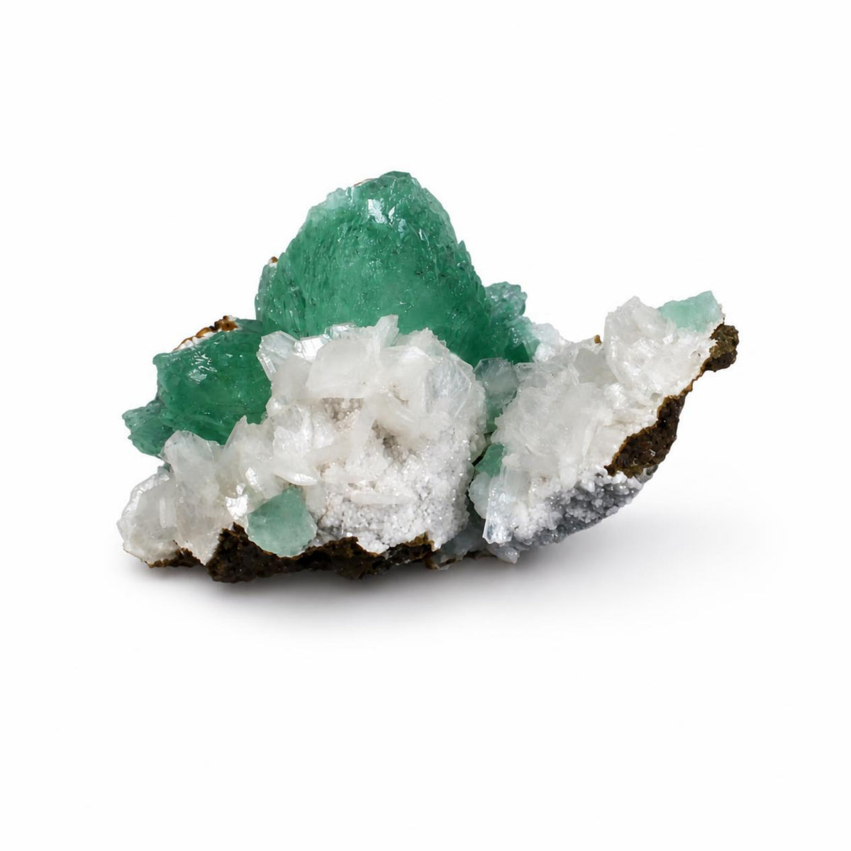 Green Double-Terminated Prismatic Apophyllite on Dark Rock Matrix · 140 g · 9 × 6 × 6 cm · Pune, Maharashtra, India
