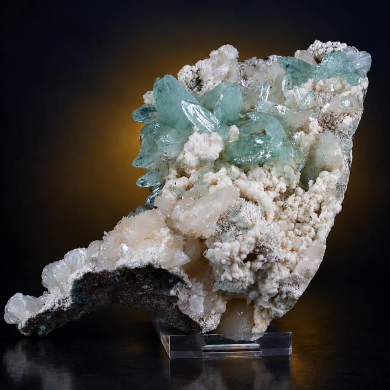 Green Apophyllite Tabular Crystal Group with Heulandite on Matrix — India | 390 g | 16 × 9 × 5 cm