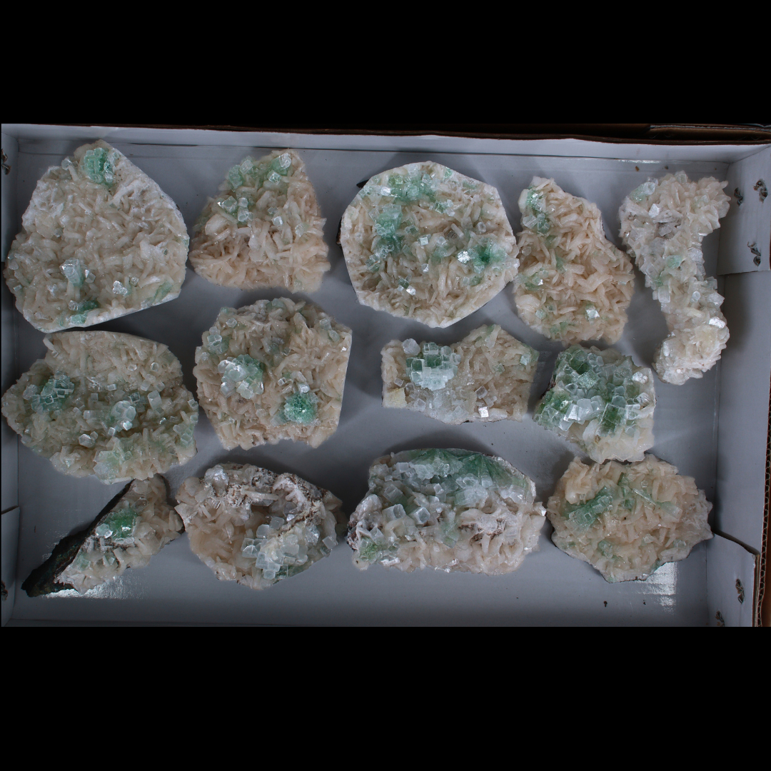 Natural Green Apophyllite with Stilbite &amp; Heulandite Crystal Lot – 13 PCS – Mineral Specimens from India