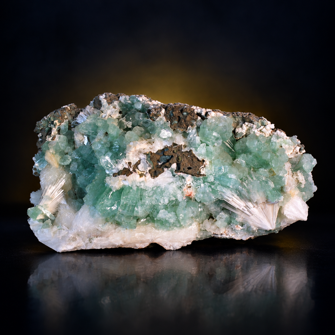 Natural Green Apophyllite with Heulandite & Scolecite Crystal Specimen – India