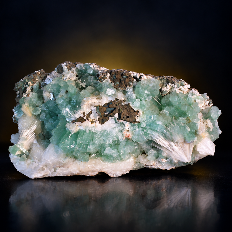 Green Apophyllite Tabular Crystal Group with Heulandite and Scolecite — India | 750 g | 18 × 10 × 6 cm