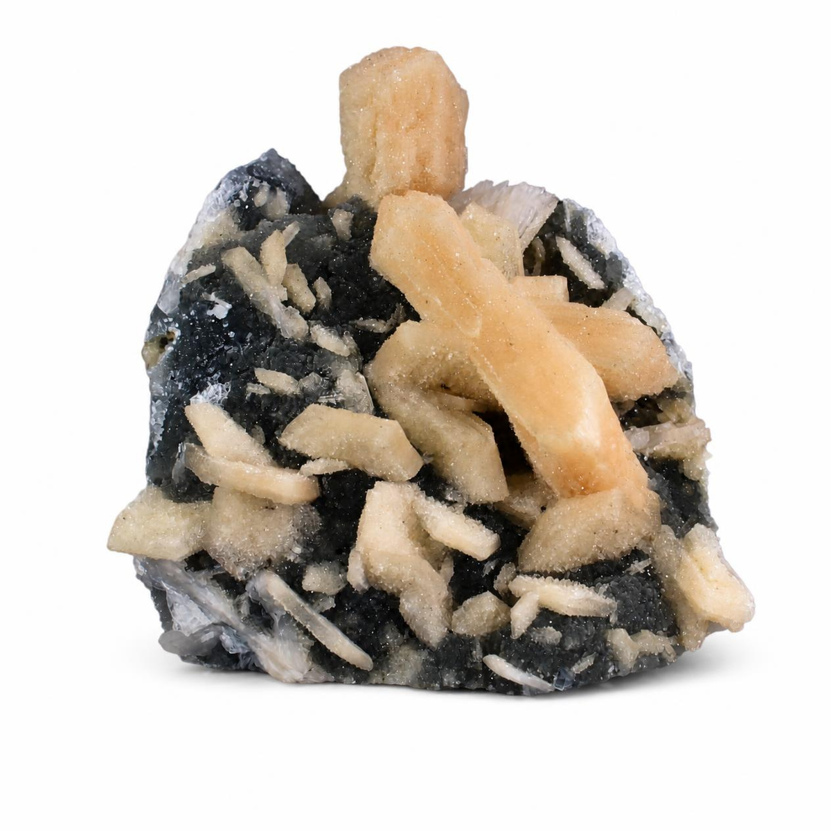 Stilbite Crystals on Dark Matrix – Natural Mineral Specimen
