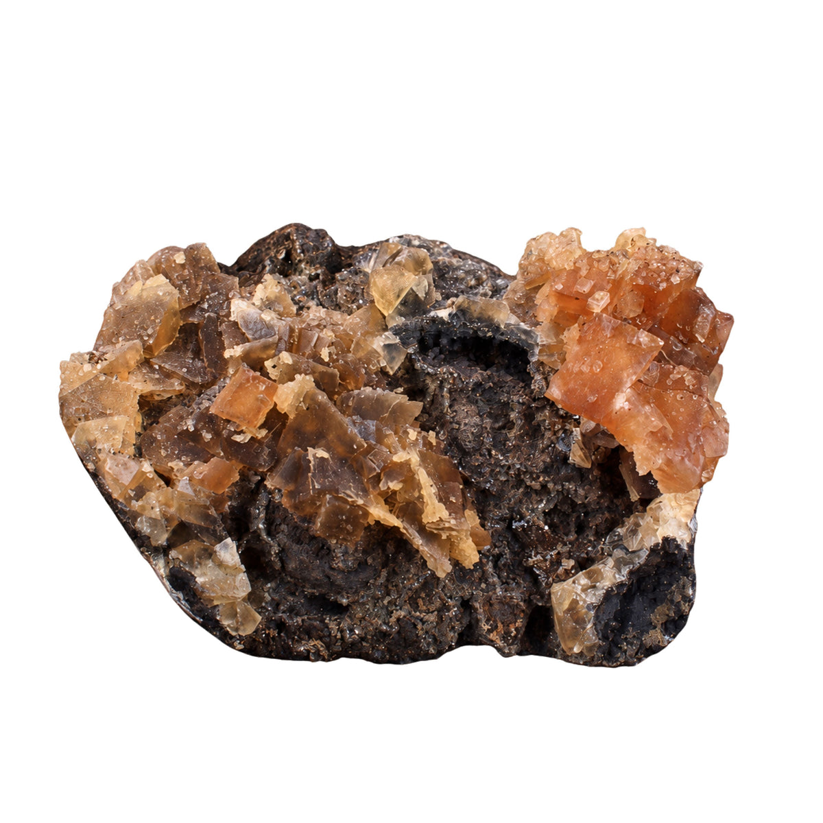 Tabular Red Calcite on Dark Rocky Matrix · 250 g · 9 × 7 × 4 cm