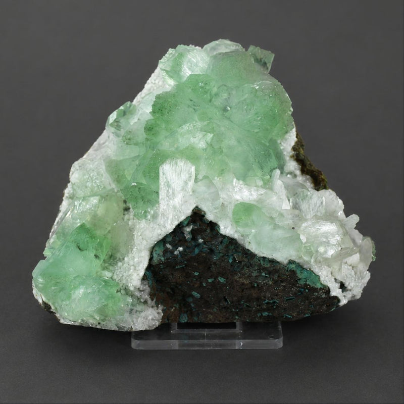 Green Apophyllite Crystal Cluster on Dark Rock Matrix | 320 g | 9 × 8 × 8 cm