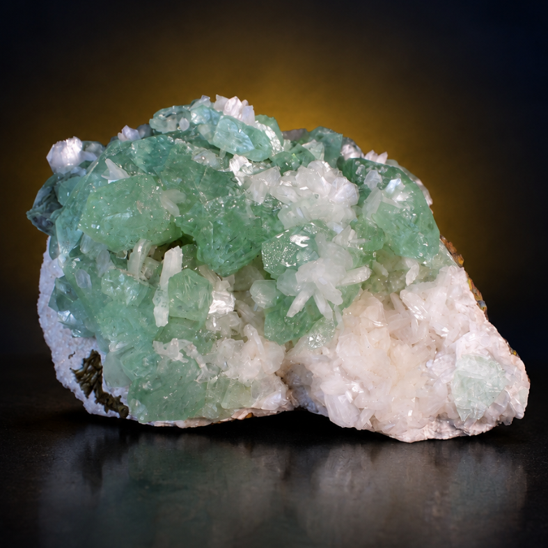Green Apophyllite Tabular Crystal Cluster with Stilbite and Heulandite — India | 705 g | 15 × 11 × 8 cm