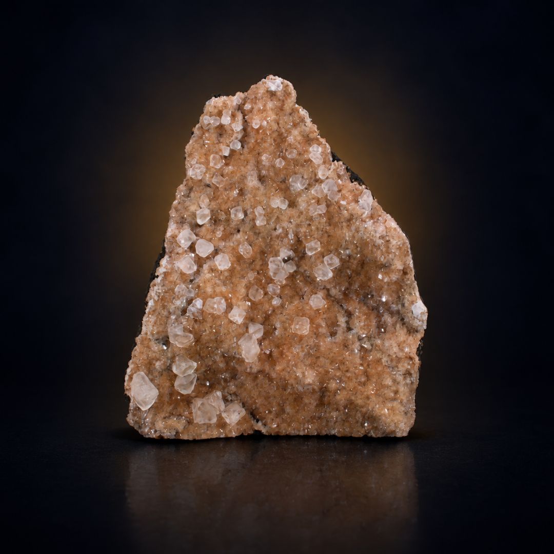 A raw mineral specimen or crystal cluster with prominent clear and pale pinkish-white crystalline structures on a warm tan-brown matrix, photographed against a dark black background with a subtle warm glow behind it.