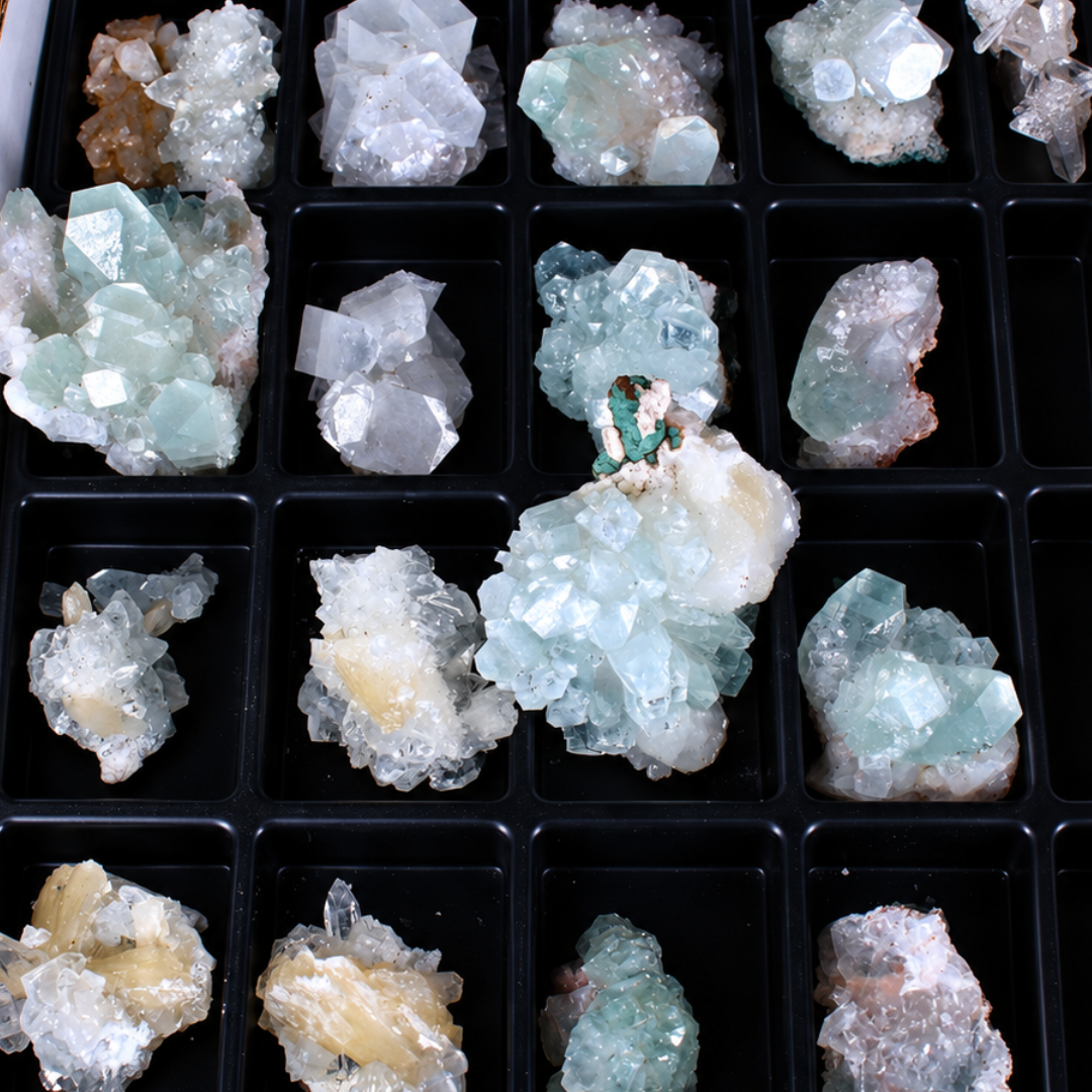 Natural Mixed Apophyllite &amp; Stilbite Crystal Specimen Lot – 32 Pieces