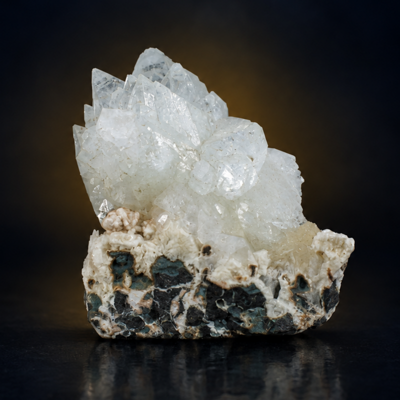 White Apophyllite Tabular Crystal Group with Stilbite on Basalt Matrix | 260 g | 10 × 8 × 4 cm