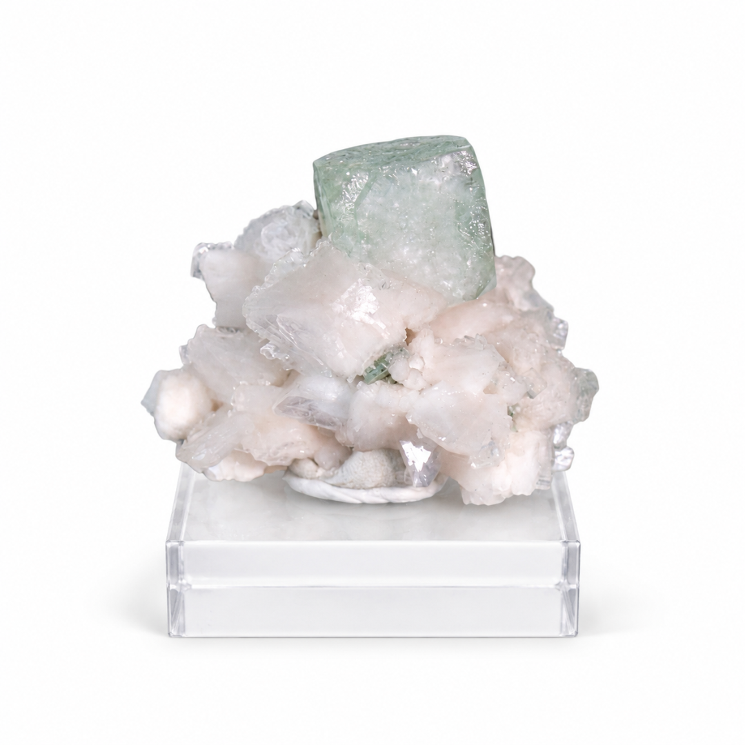 Natural Green Apophyllite Cube with Heulandite Crystal Matrix – Mineral Specimen from India