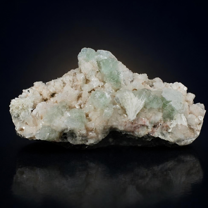 Green Apophyllite Tabular Crystal Group with Heulandite and Scolecite — India | 550 g | 14 × 8 × 3 cm