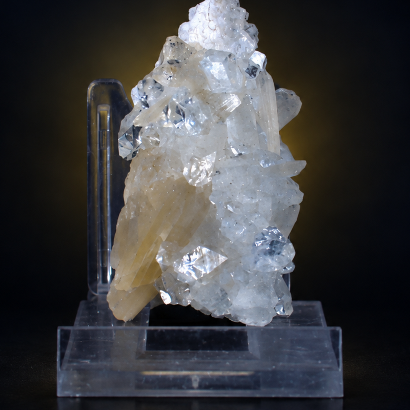 Colourless Apophyllite Crystal Group with an Upright Cream Stilbite Blade | 40 g