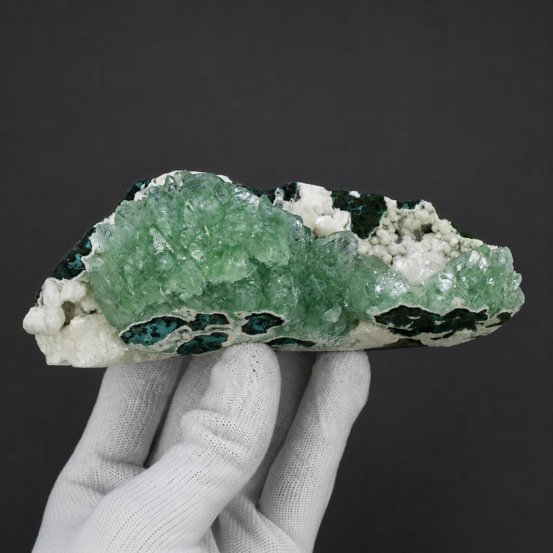 Green Apophyllite Crystalline Crust on Dark Rock Matrix | 390 g | 15 × 6 × 4 cm