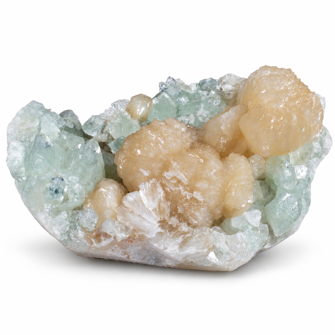 Natural Green Apophyllite with Heulandite Crystal Specimen – India