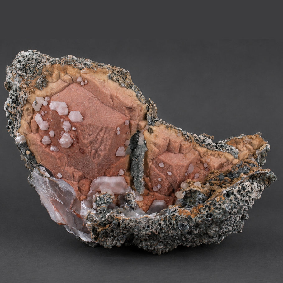 Natural Pink/Peach Heulandite with Calcite & Botryoidal Chalcedony Matrix