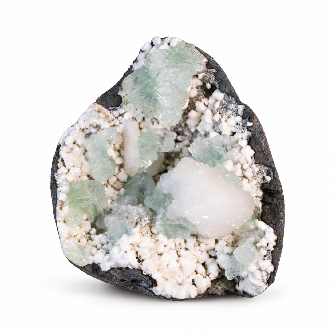 Natural Green Apophyllite with Mordenite Heulandite Crystal Specimen – India