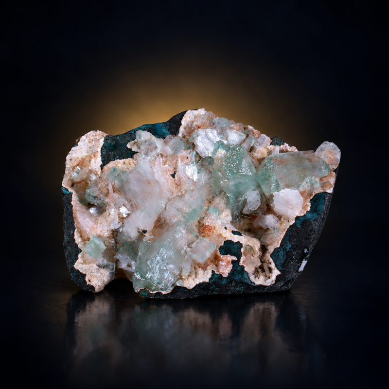 Green Apophyllite Tabular Crystal Group with Stilbite and Heulandite on Matrix | 170 g | 9 × 6 × 4 cm