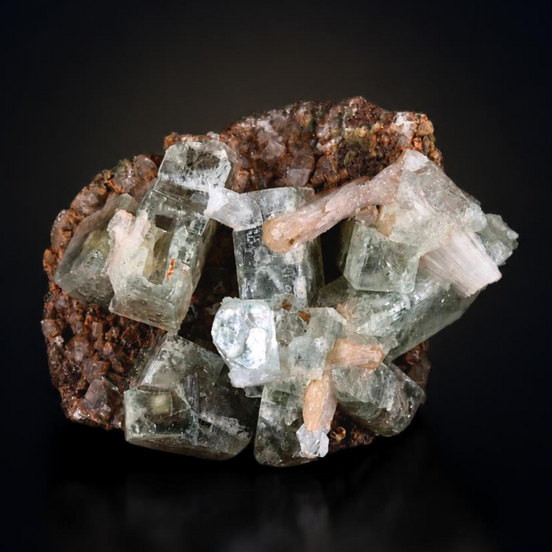 Green Apophyllite Crystal Cluster with Peach Stilbite on Matrix 8×6×4 cm | 120g