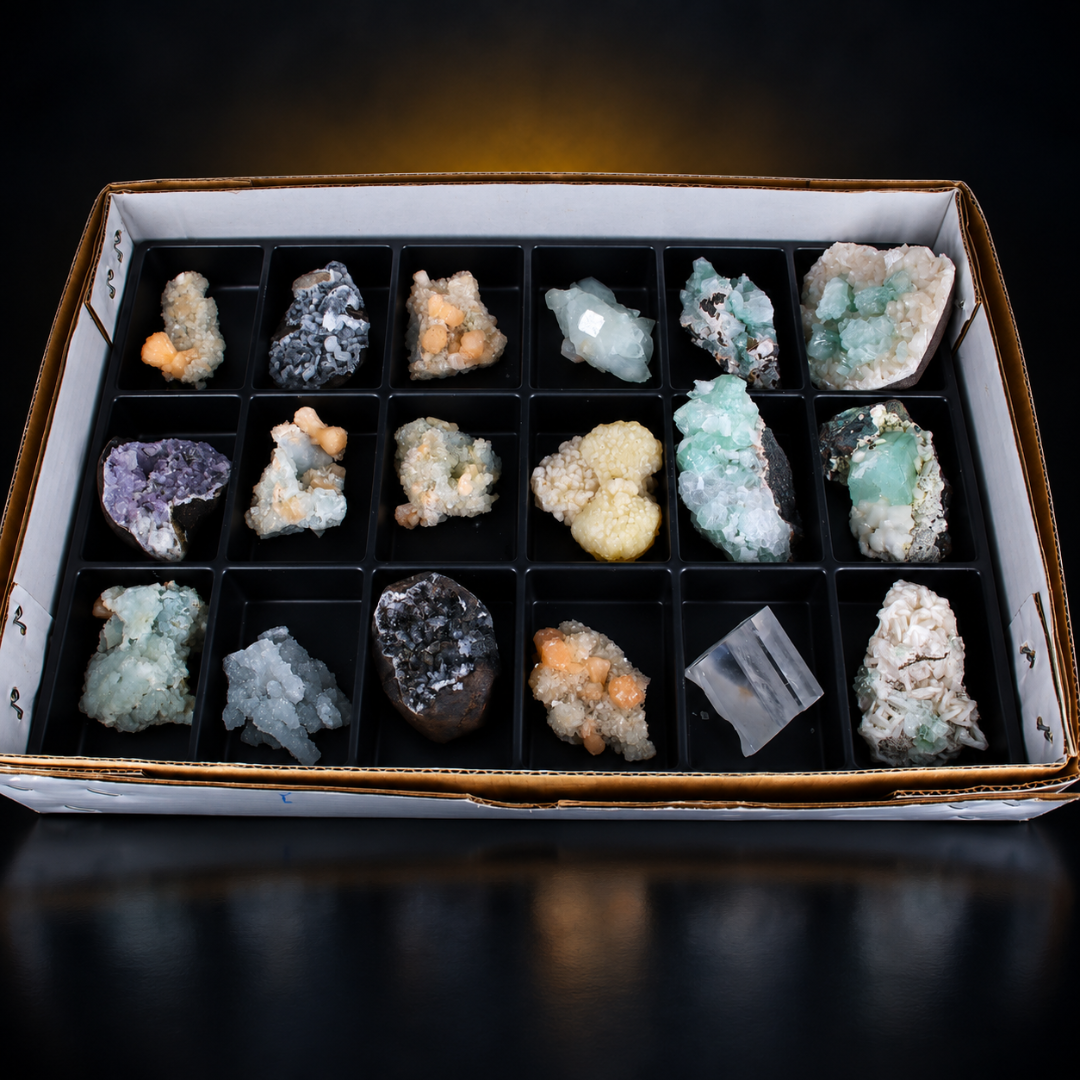 Mixed Green &amp; White Apophyllite, Stilbite &amp; Heulandite Mineral Lot – 32 Pieces