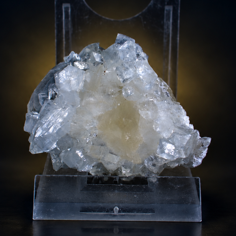 Cream Stilbite Crystal Aggregate beneath Colourless Apophyllite | 30 g