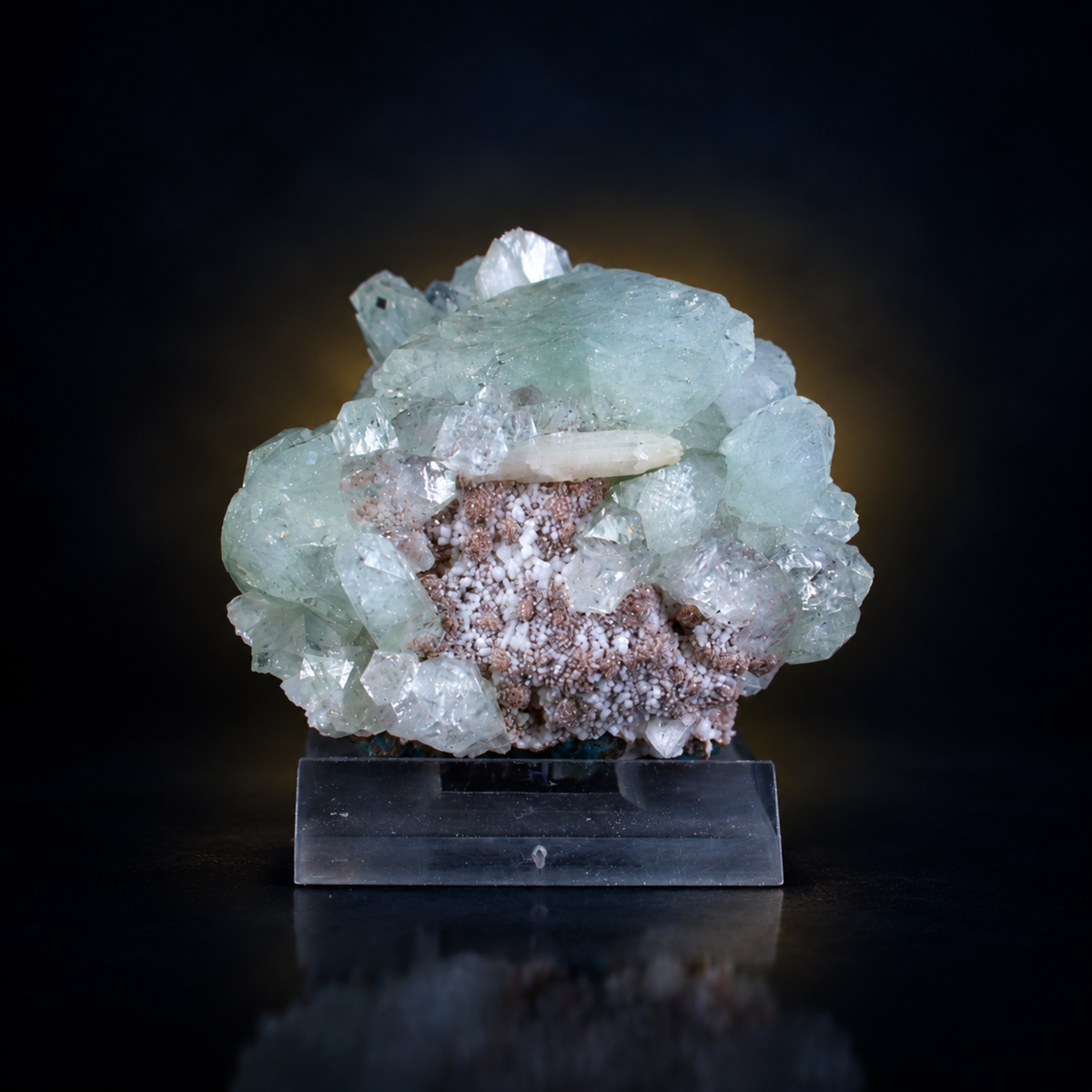 Natural Green Apophyllite Crystal Cluster on Peach-White Stilbite Matrix – 130 g