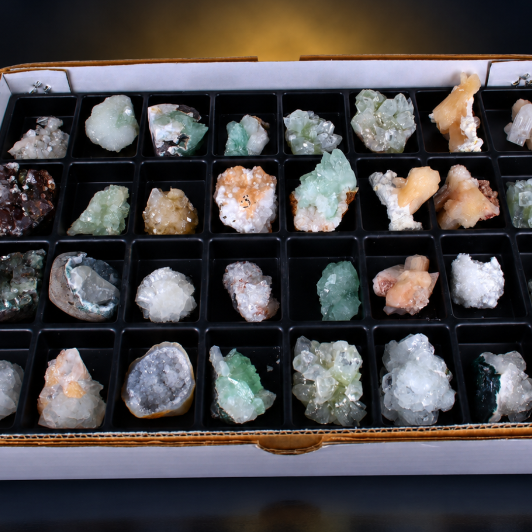 Mixed Natural Apophyllite, Stilbite, Calcite &amp; Quartz Crystal Lot – 32 Pieces