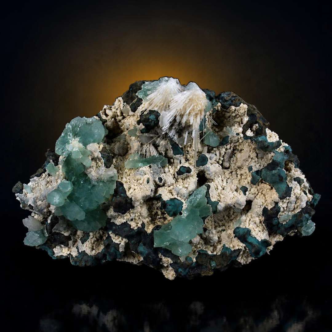 Green Tabular Acicular Apophyllite on Rocky Matrix · 600 g · 16 × 11 × 6 cm