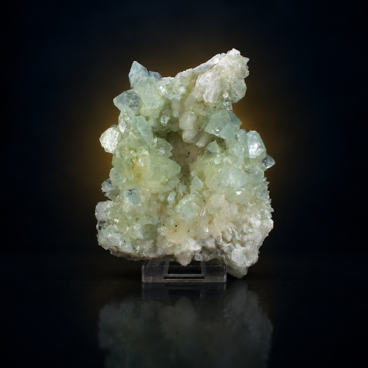 green Apophyllite crystals growing with white Stilbite and Heulandite
